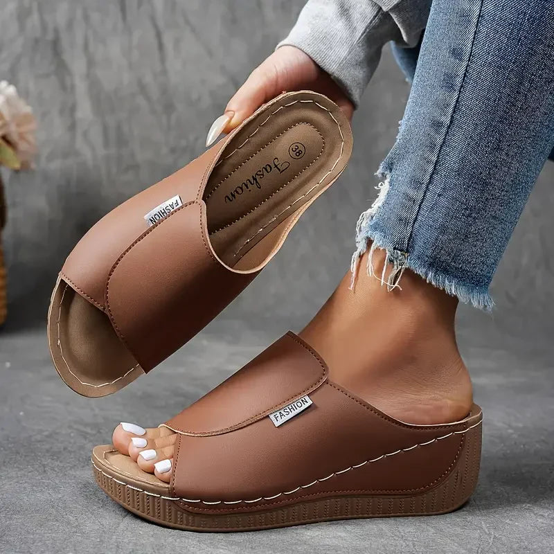 Marchéa | Breathable Leather Wedge Mules