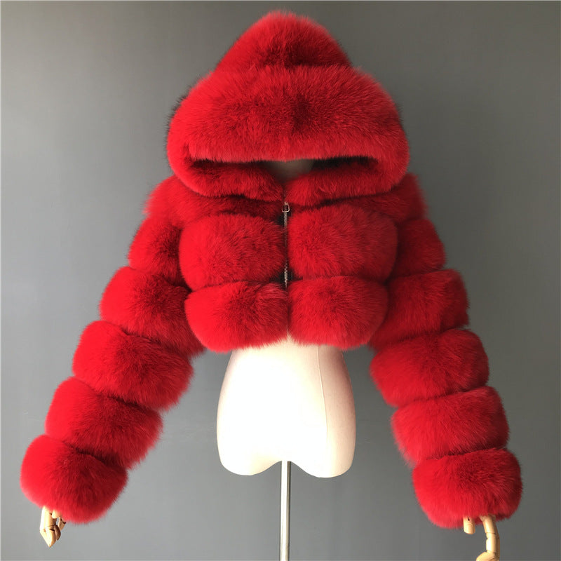 Short coat with fur hood