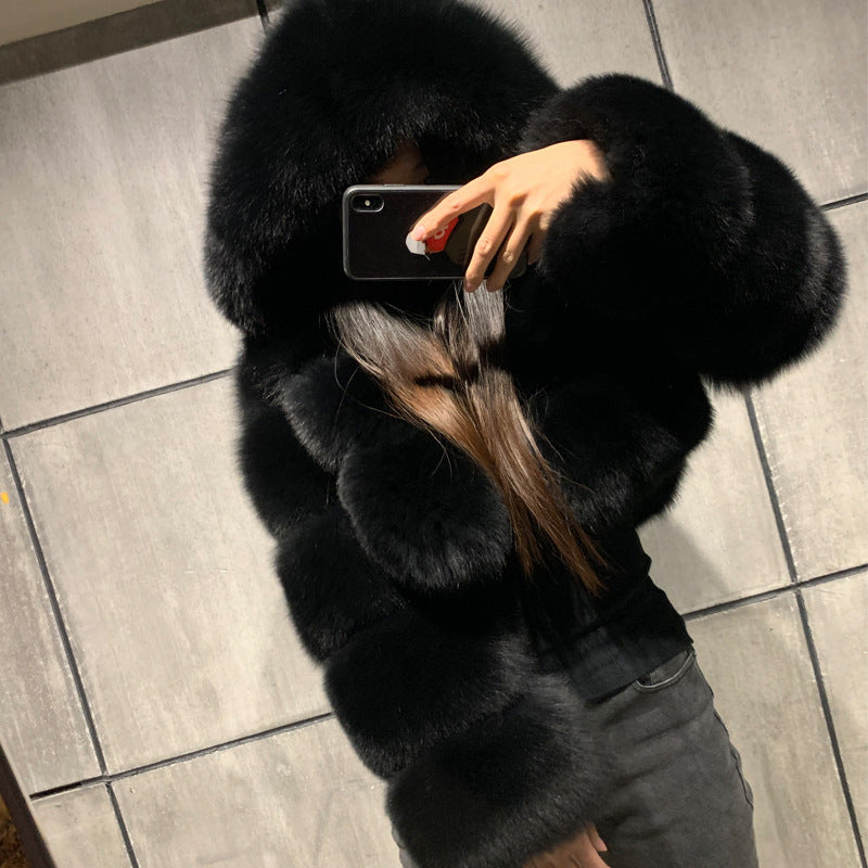 Short coat with fur hood