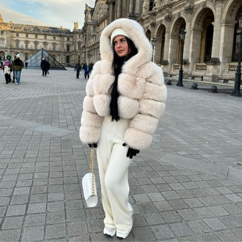 Short coat with fur hood